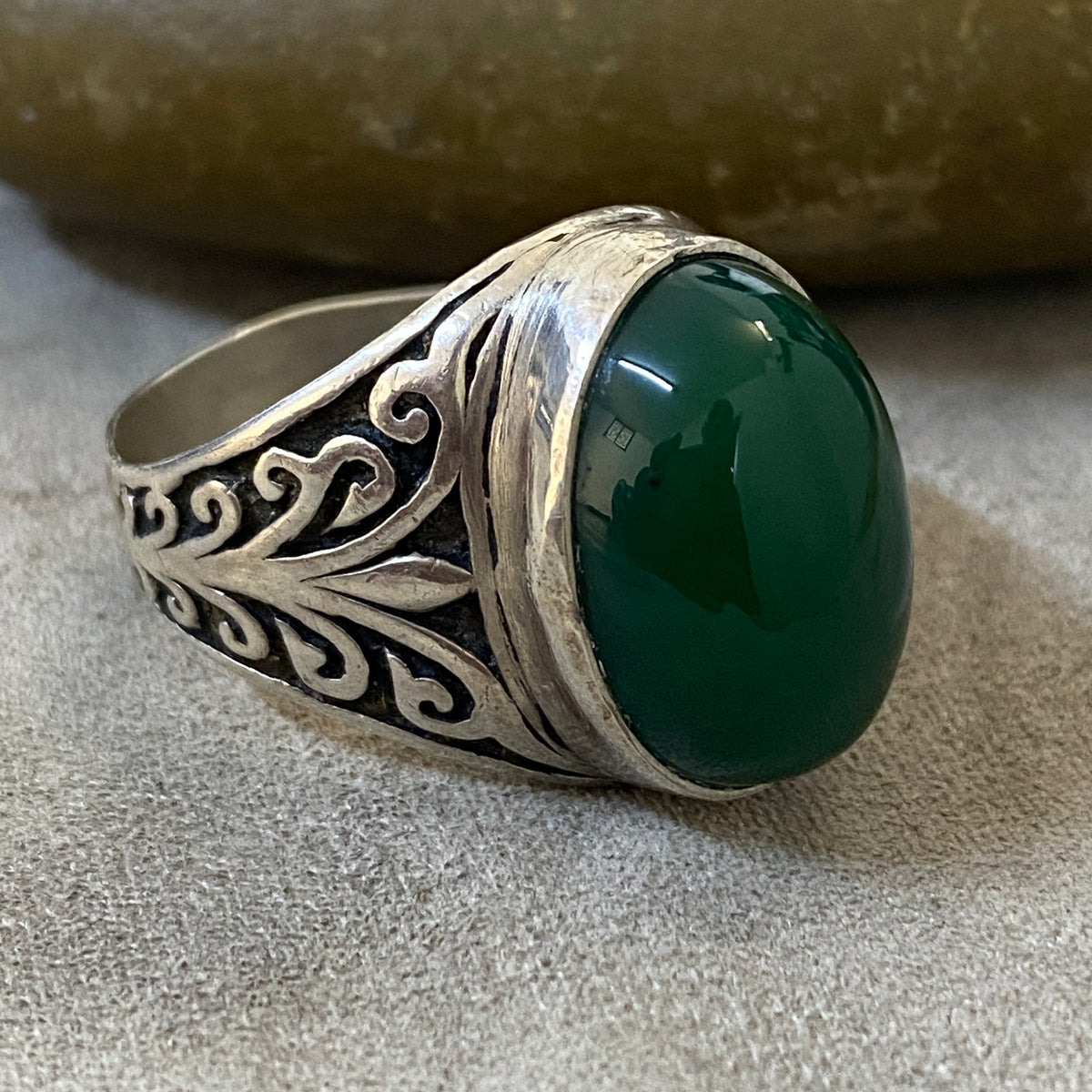Men's Natural Green Agate Ring | Genuine 925 Sterling Silver Statement Ring | Handcrafted Men's Gemstone Jewelry - Size 12 US