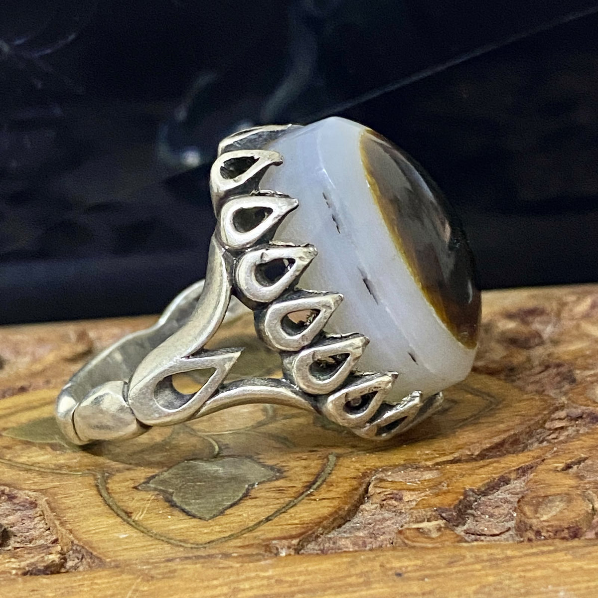 Natural Yemeni Baqrani Aqeeq Ring Handcrafted Black And White Jaz Agate 925 Sterling Silver Gemstone Jewelry For Men