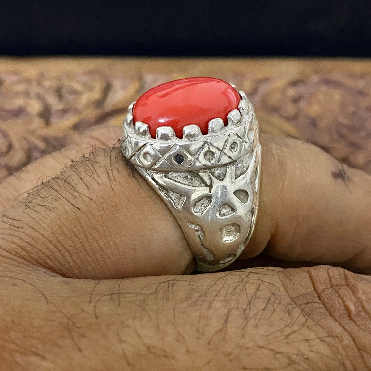 Massive 925 Sterling Silver Men's Ring - Handcrafted Natural Yemeni Red Coral Murjan Gemstone Middle Eastern Fine Jewelry