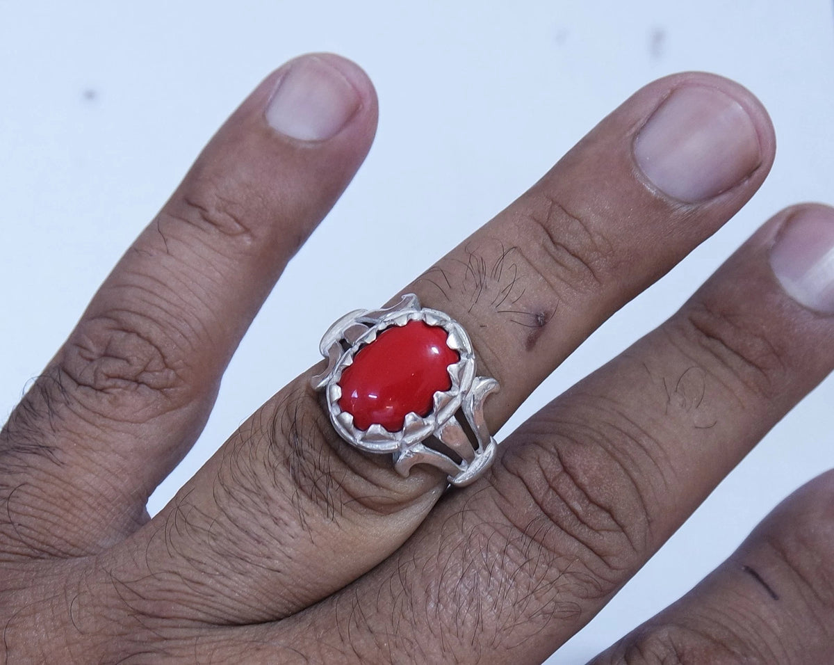 Natural Yemeni Red Coral Mens Ring | Vintage Middle Eastern 925 Sterling Silver