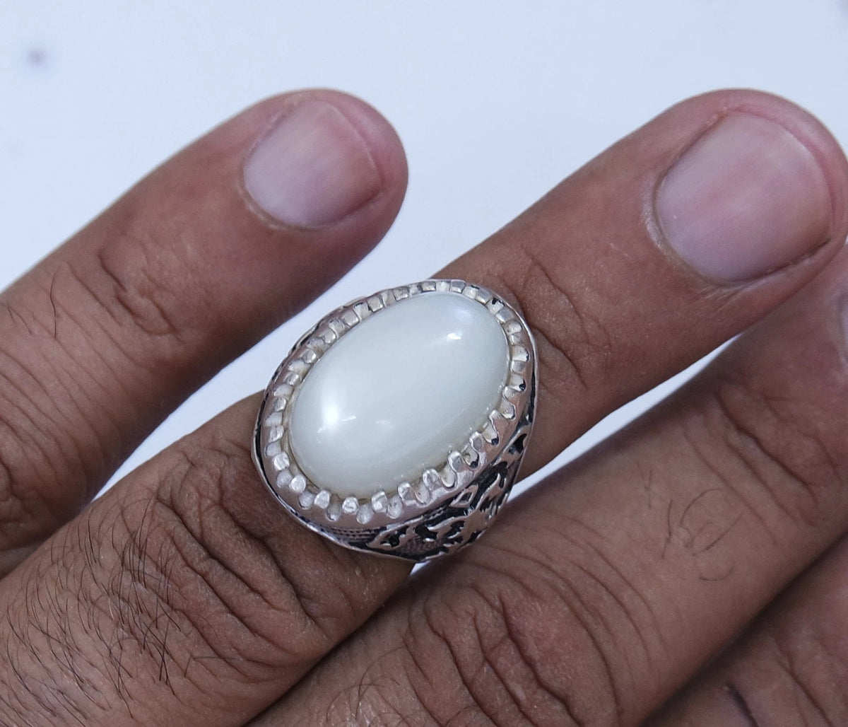 Natural Yemeni Moonstone Gemstone 925 Sterling Silver Men's Ring