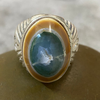 Men's Natural Yemeni Sulaymani Aqeeq Ring | Genuine 925 Sterling Silver Statement Ring | Handcrafted Men's Gemstone Jewelry - Size 11 US