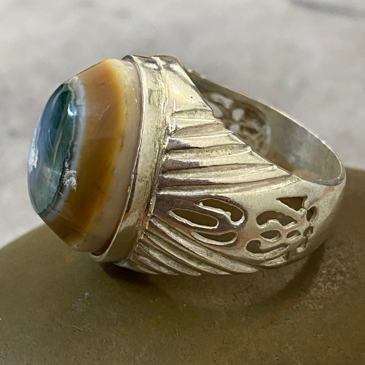 Men's Natural Yemeni Sulaymani Aqeeq Ring | Genuine 925 Sterling Silver Statement Ring | Handcrafted Men's Gemstone Jewelry - Size 11 US