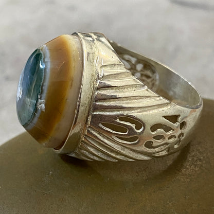 Men's Natural Yemeni Sulaymani Aqeeq Ring | Genuine 925 Sterling Silver Statement Ring | Handcrafted Men's Gemstone Jewelry - Size 11 US