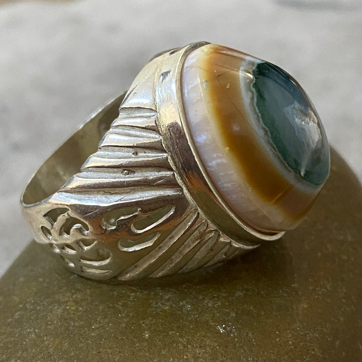 Men's Natural Yemeni Sulaymani Aqeeq Ring | Genuine 925 Sterling Silver Statement Ring | Handcrafted Men's Gemstone Jewelry - Size 11 US