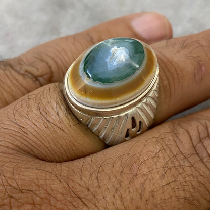 Men's Natural Yemeni Sulaymani Aqeeq Ring | Genuine 925 Sterling Silver Statement Ring | Handcrafted Men's Gemstone Jewelry - Size 11 US