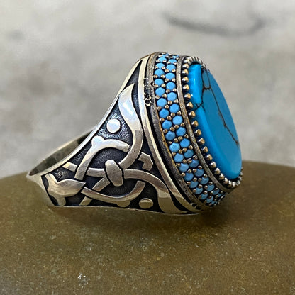 Men's Natural Turquoise Ring | Genuine 925 Sterling Silver Statement Ring | Handcrafted Men's Gemstone Jewelry - Size 11 US