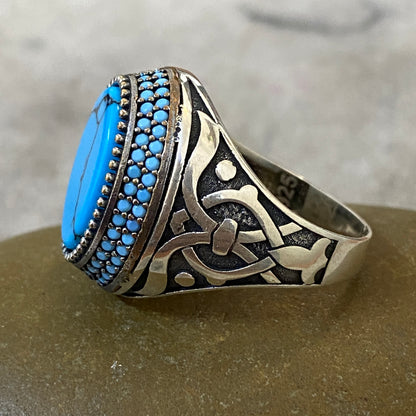 Men's Natural Turquoise Ring | Genuine 925 Sterling Silver Statement Ring | Handcrafted Men's Gemstone Jewelry - Size 11 US