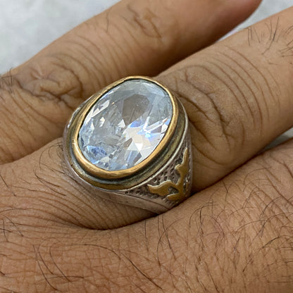 Men's Natural White Zircon Ring | Genuine 925 Sterling Silver Statement Ring | Handcrafted Men's Gemstone Jewelry - Size 13 US