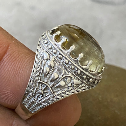 Men's Natural Dur Najaf Ring | Genuine 925 Sterling Silver Statement Ring | Handcrafted Men's Clear Quartz Gemstone Jewelry - Size 12 US