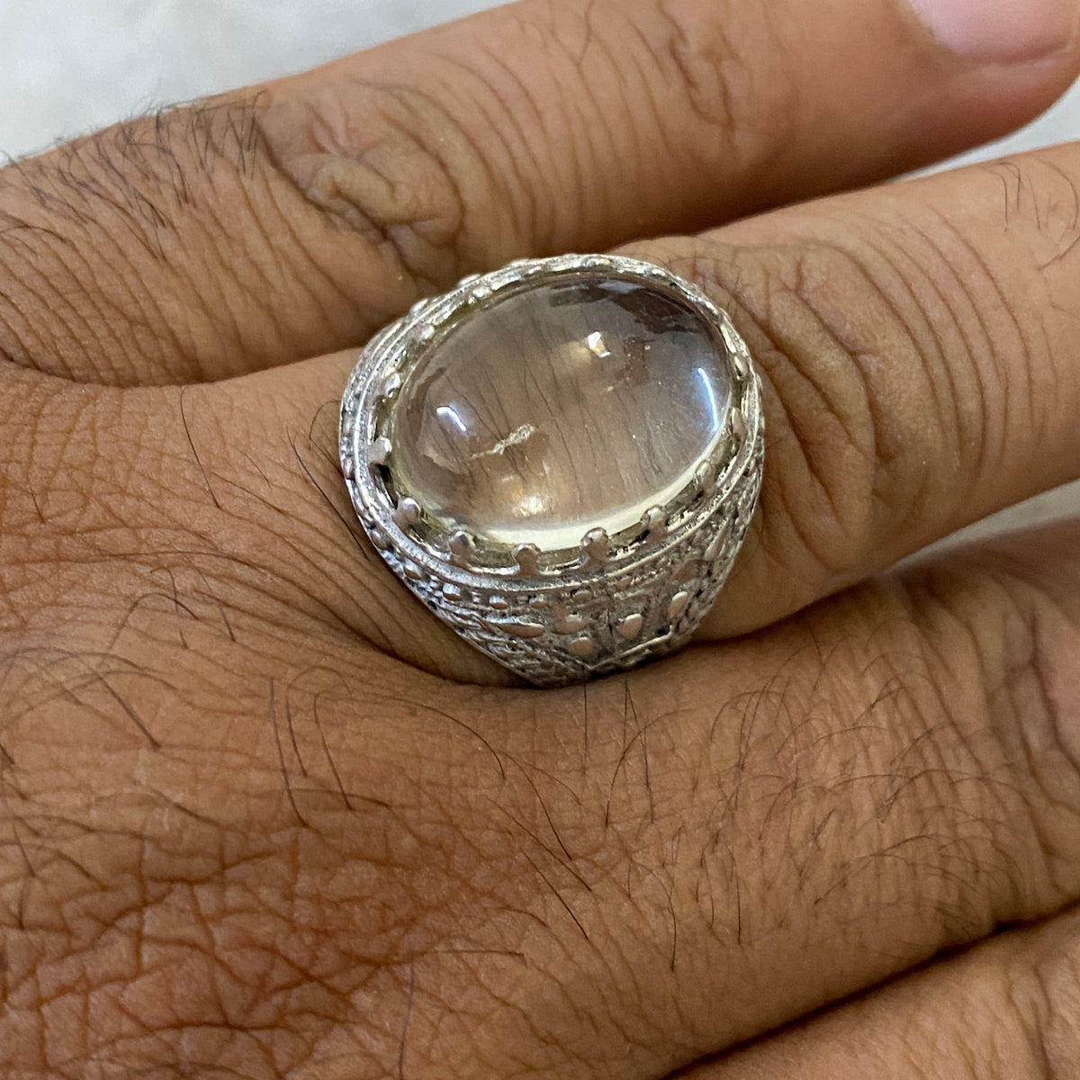 Men's Natural Dur Najaf Ring | Genuine 925 Sterling Silver Statement Ring | Handcrafted Men's Clear Quartz Gemstone Jewelry - Size 12 US