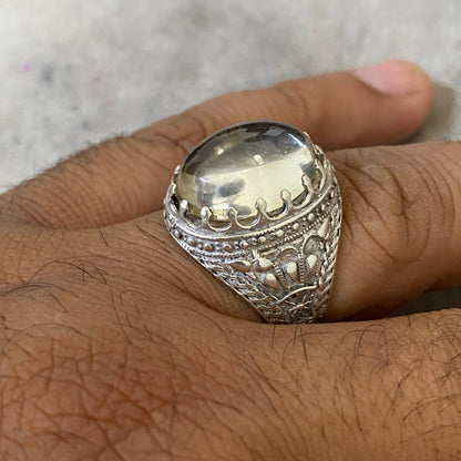 Men's Natural Dur Najaf Ring | Genuine 925 Sterling Silver Statement Ring | Handcrafted Men's Clear Quartz Gemstone Jewelry - Size 12 US
