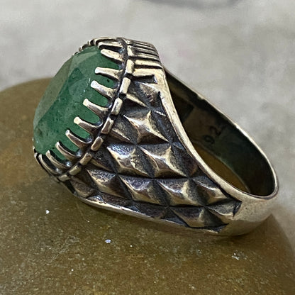 Men's Natural Green Emerald Ring | Genuine 925 Sterling Silver Statement Ring | Handcrafted Men's Luxury Gemstone Jewelry - Size 11.5 US