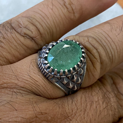 Men's Natural Green Emerald Ring | Genuine 925 Sterling Silver Statement Ring | Handcrafted Men's Luxury Gemstone Jewelry - Size 11.5 US