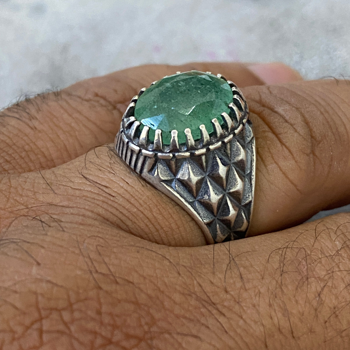 Men's Natural Green Emerald Ring | Genuine 925 Sterling Silver Statement Ring | Handcrafted Men's Luxury Gemstone Jewelry - Size 11.5 US