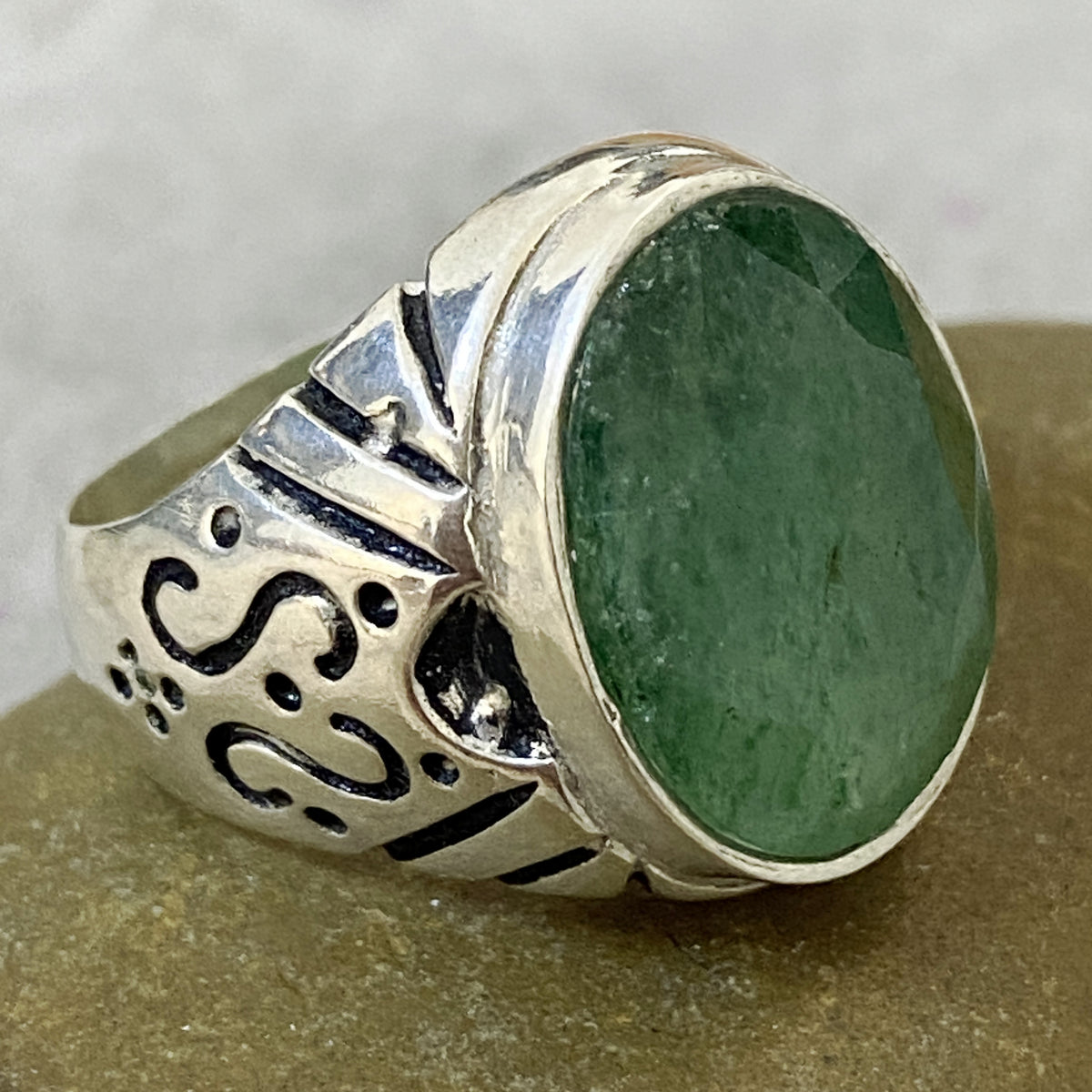 Men's Natural Green Emerald Ring | Genuine 925 Sterling Silver Statement Ring | Handcrafted Men's Luxury Gemstone Jewelry - Size 10 US