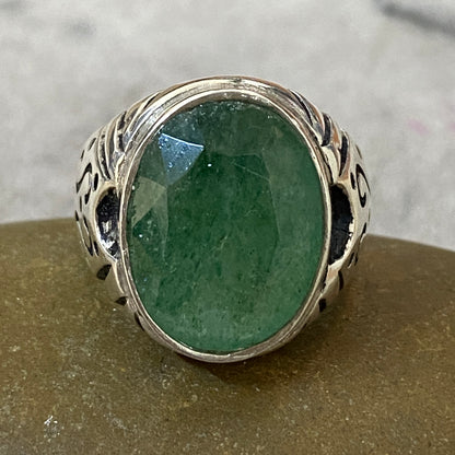 Men's Natural Green Emerald Ring | Genuine 925 Sterling Silver Statement Ring | Handcrafted Men's Luxury Gemstone Jewelry - Size 10 US