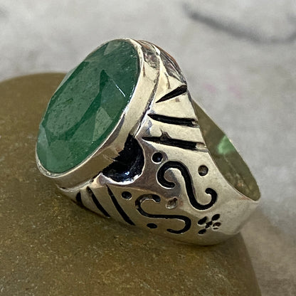 Men's Natural Green Emerald Ring | Genuine 925 Sterling Silver Statement Ring | Handcrafted Men's Luxury Gemstone Jewelry - Size 10 US
