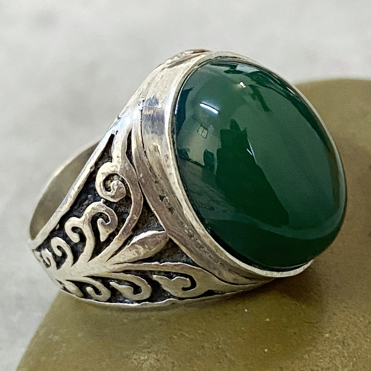 Men's Natural Green Agate Ring | Genuine 925 Sterling Silver Statement Ring | Handcrafted Men's Gemstone Jewelry - Size 12 US