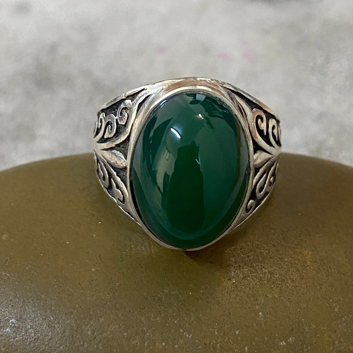 Men's Natural Green Agate Ring | Genuine 925 Sterling Silver Statement Ring | Handcrafted Men's Gemstone Jewelry - Size 12 US