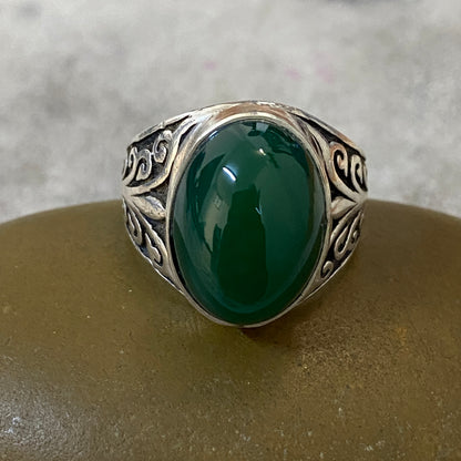 Men's Natural Green Agate Ring | Genuine 925 Sterling Silver Statement Ring | Handcrafted Men's Gemstone Jewelry - Size 12 US