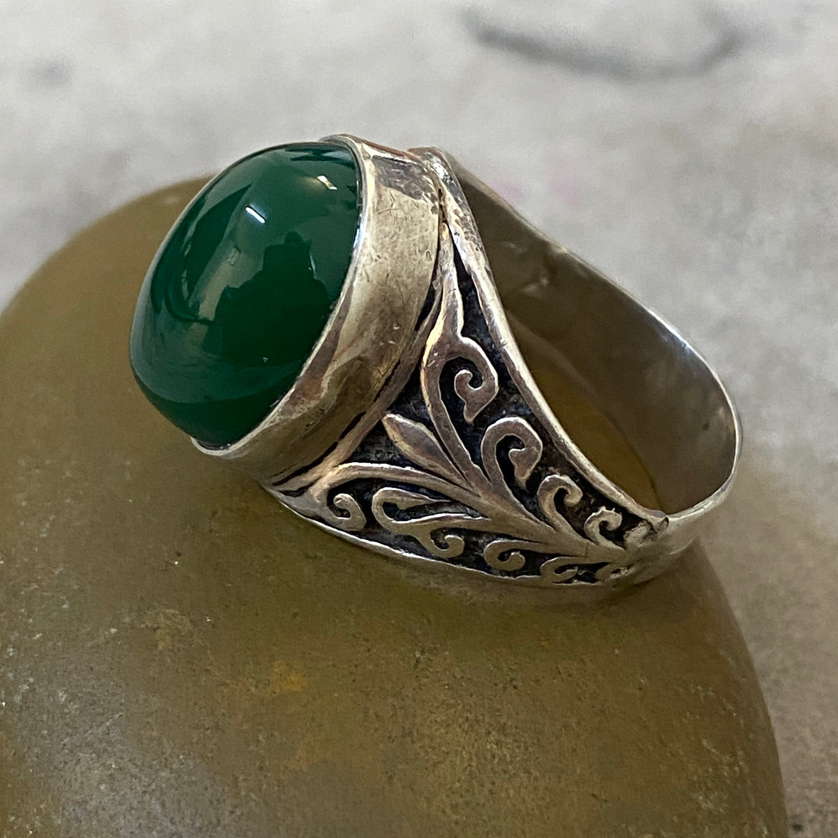 Men's Natural Green Agate Ring | Genuine 925 Sterling Silver Statement Ring | Handcrafted Men's Gemstone Jewelry - Size 12 US