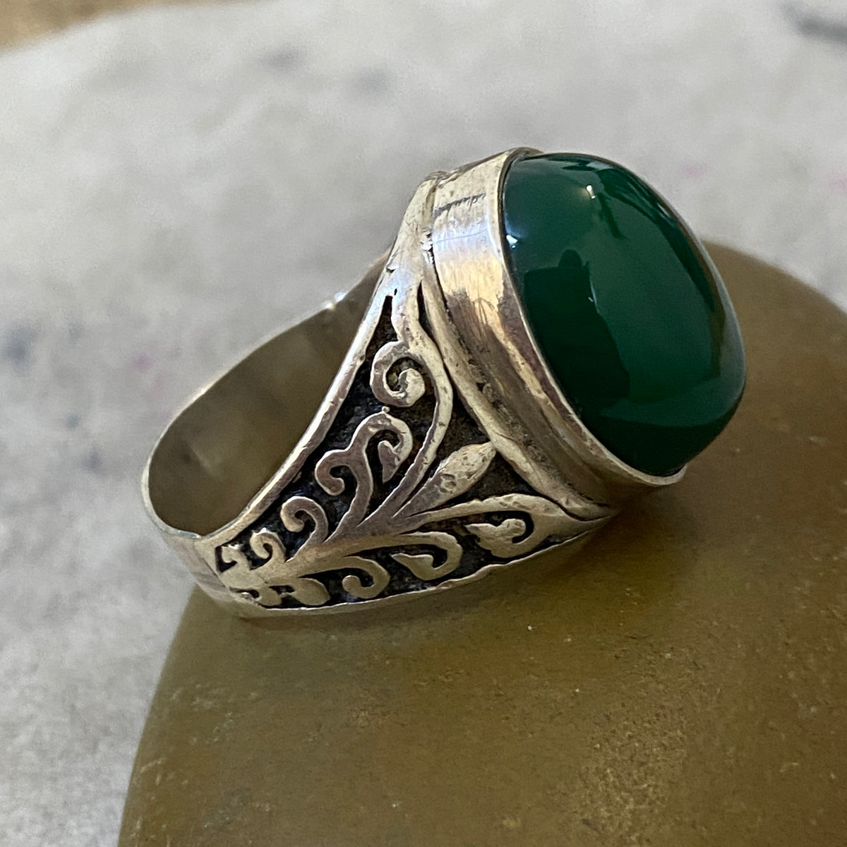 Men's Natural Green Agate Ring | Genuine 925 Sterling Silver Statement Ring | Handcrafted Men's Gemstone Jewelry - Size 12 US