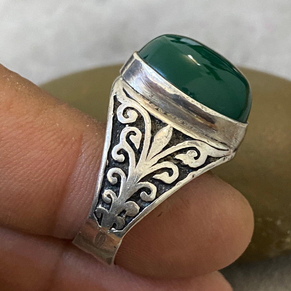 Men's Natural Green Agate Ring | Genuine 925 Sterling Silver Statement Ring | Handcrafted Men's Gemstone Jewelry - Size 12 US