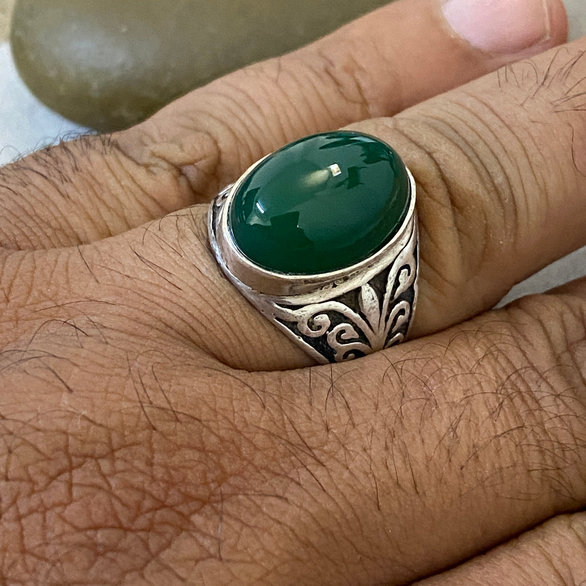 Men's Natural Green Agate Ring | Genuine 925 Sterling Silver Statement Ring | Handcrafted Men's Gemstone Jewelry - Size 12 US