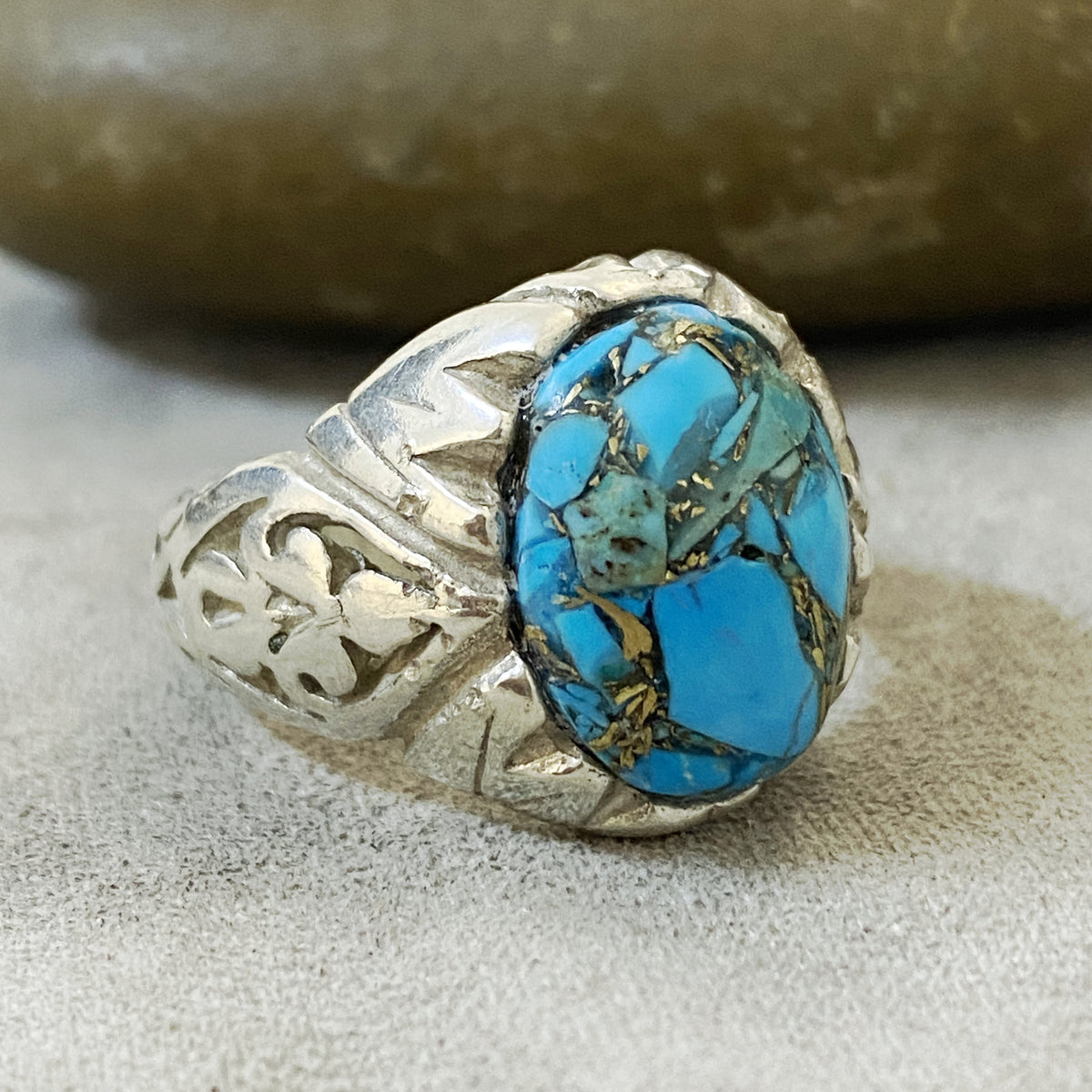 Men's Natural Turquoise Ring | Genuine 925 Sterling Silver Statement Ring | Handcrafted Men's Gemstone Jewelry - Size 9.5 US