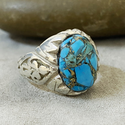 Men's Natural Turquoise Ring | Genuine 925 Sterling Silver Statement Ring | Handcrafted Men's Gemstone Jewelry - Size 9.5 US