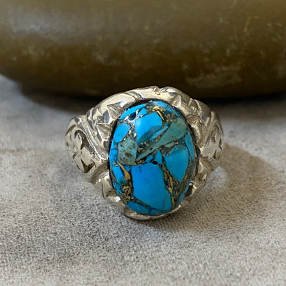 Men's Natural Turquoise Ring | Genuine 925 Sterling Silver Statement Ring | Handcrafted Men's Gemstone Jewelry - Size 9.5 US