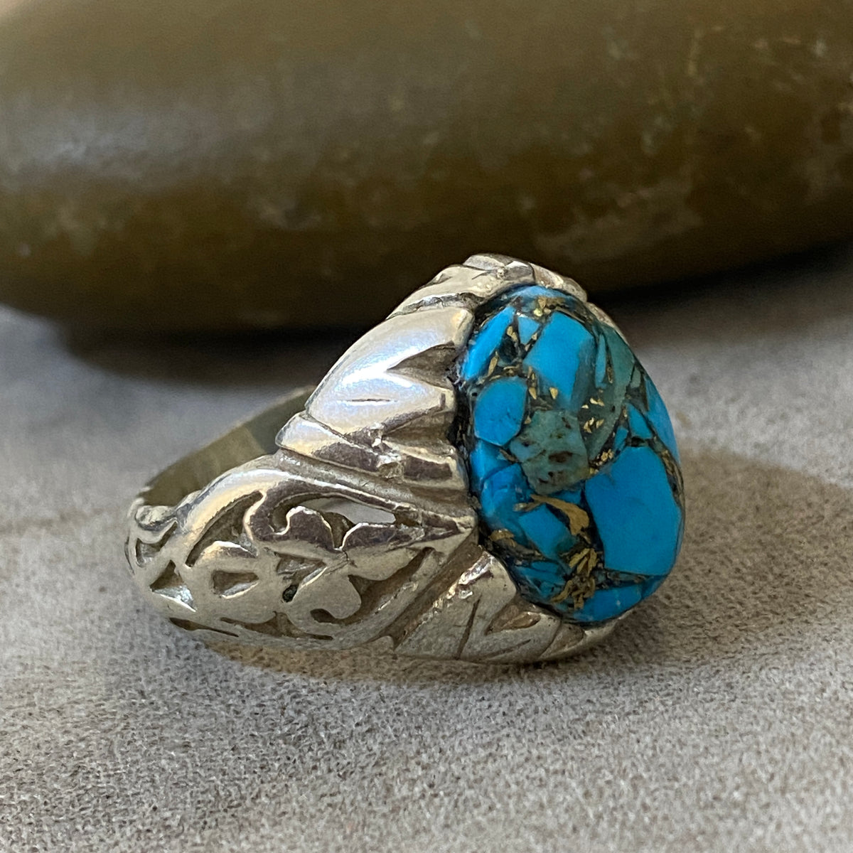 Men's Natural Turquoise Ring | Genuine 925 Sterling Silver Statement Ring | Handcrafted Men's Gemstone Jewelry - Size 9.5 US