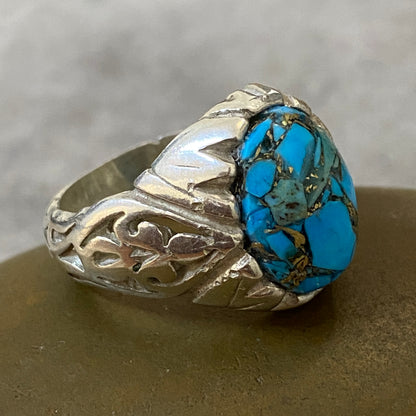 Men's Natural Turquoise Ring | Genuine 925 Sterling Silver Statement Ring | Handcrafted Men's Gemstone Jewelry - Size 9.5 US