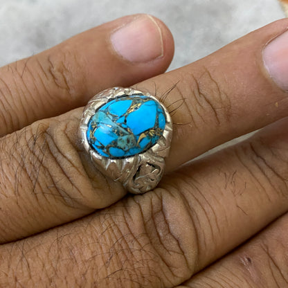 Men's Natural Turquoise Ring | Genuine 925 Sterling Silver Statement Ring | Handcrafted Men's Gemstone Jewelry - Size 9.5 US