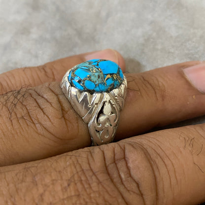 Men's Natural Turquoise Ring | Genuine 925 Sterling Silver Statement Ring | Handcrafted Men's Gemstone Jewelry - Size 9.5 US