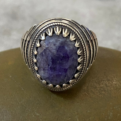 Men's Natural Blue Sapphire Ring | Genuine 925 Sterling Silver Statement Ring | Handcrafted Men's Luxury Gemstone Jewelry - Size 11.5 US