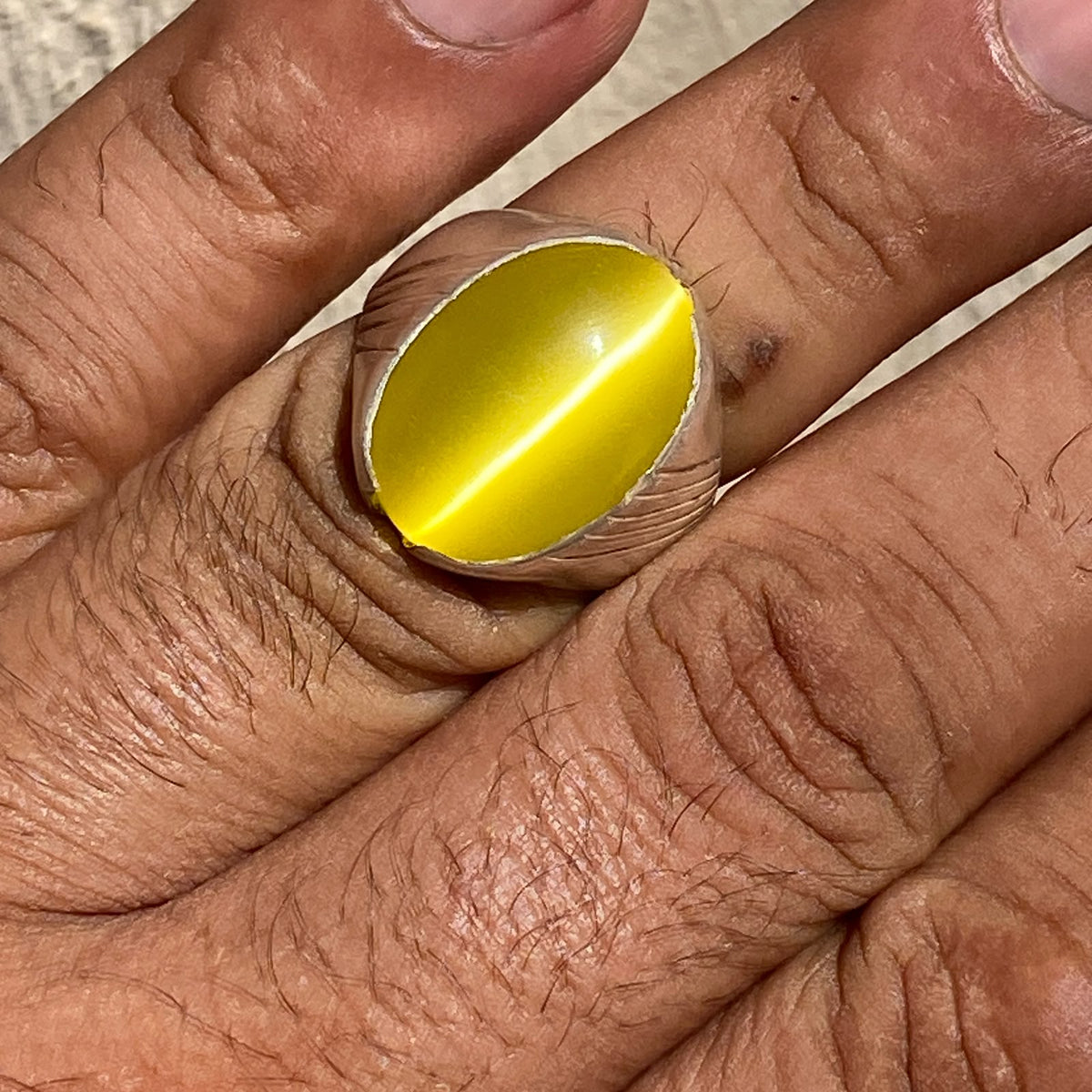 Unique Natural Yellow Cat's Eye Gemstone Men's Ring, Solid 925 Sterling Silver, Vintage Style Fine Jewelry, Middle Eastern Artisan Craftsmanship
