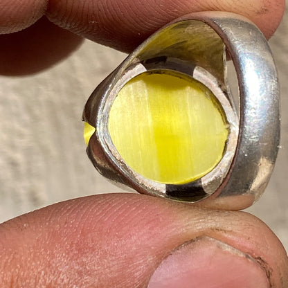Unique Natural Yellow Cat's Eye Gemstone Men's Ring, Solid 925 Sterling Silver, Vintage Style Fine Jewelry, Middle Eastern Artisan Craftsmanship