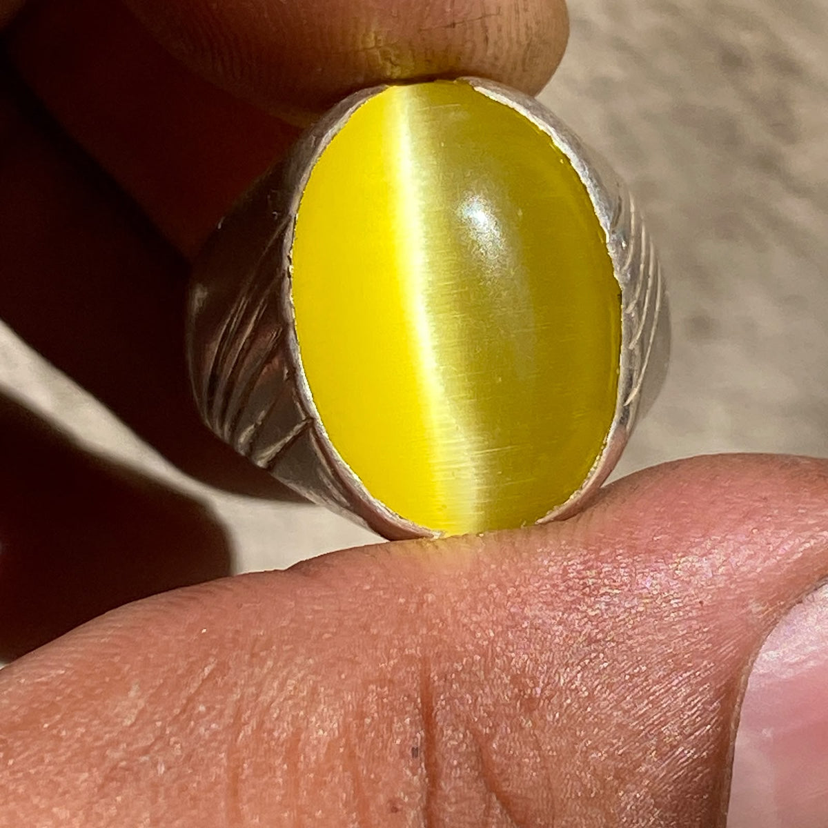 Unique Natural Yellow Cat's Eye Gemstone Men's Ring, Solid 925 Sterling Silver, Vintage Style Fine Jewelry, Middle Eastern Artisan Craftsmanship