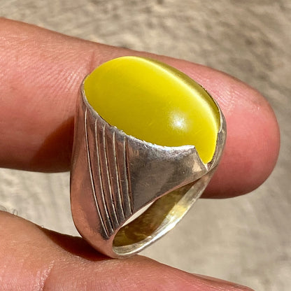 Unique Natural Yellow Cat's Eye Gemstone Men's Ring, Solid 925 Sterling Silver, Vintage Style Fine Jewelry, Middle Eastern Artisan Craftsmanship
