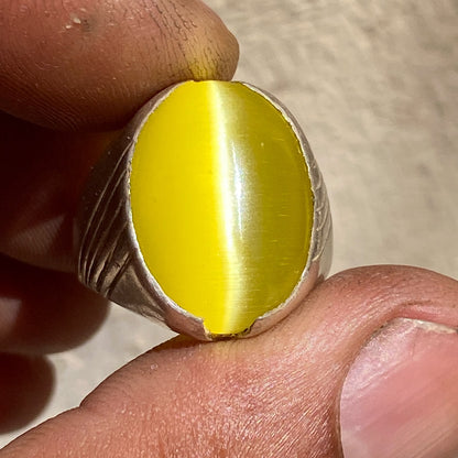 Unique Natural Yellow Cat's Eye Gemstone Men's Ring, Solid 925 Sterling Silver, Vintage Style Fine Jewelry, Middle Eastern Artisan Craftsmanship