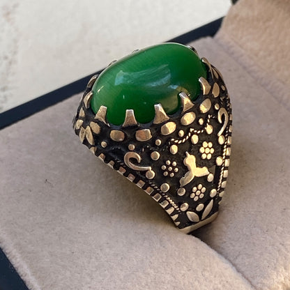 Handcrafted 925 Sterling Silver Luxury Men's Ring with Natural Green Cat's Eye Gemstone