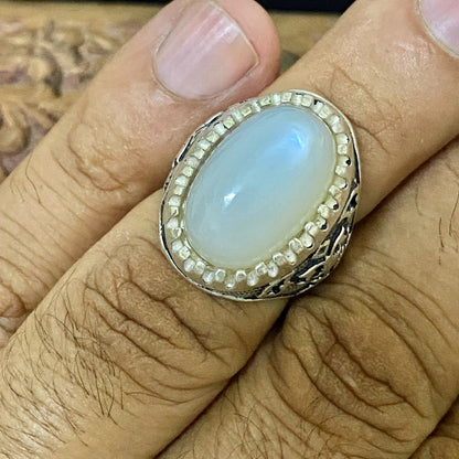 Rare Natural Yemeni Moonstone Gemstone Men's Ring, Solid 925 Sterling Silver, Vintage Style Fine Jewelry, Middle Eastern Artisan Craftsmanship