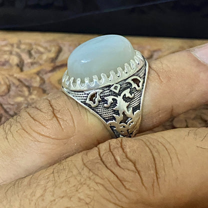 Rare Natural Yemeni Moonstone Gemstone Men's Ring, Solid 925 Sterling Silver, Vintage Style Fine Jewelry, Middle Eastern Artisan Craftsmanship
