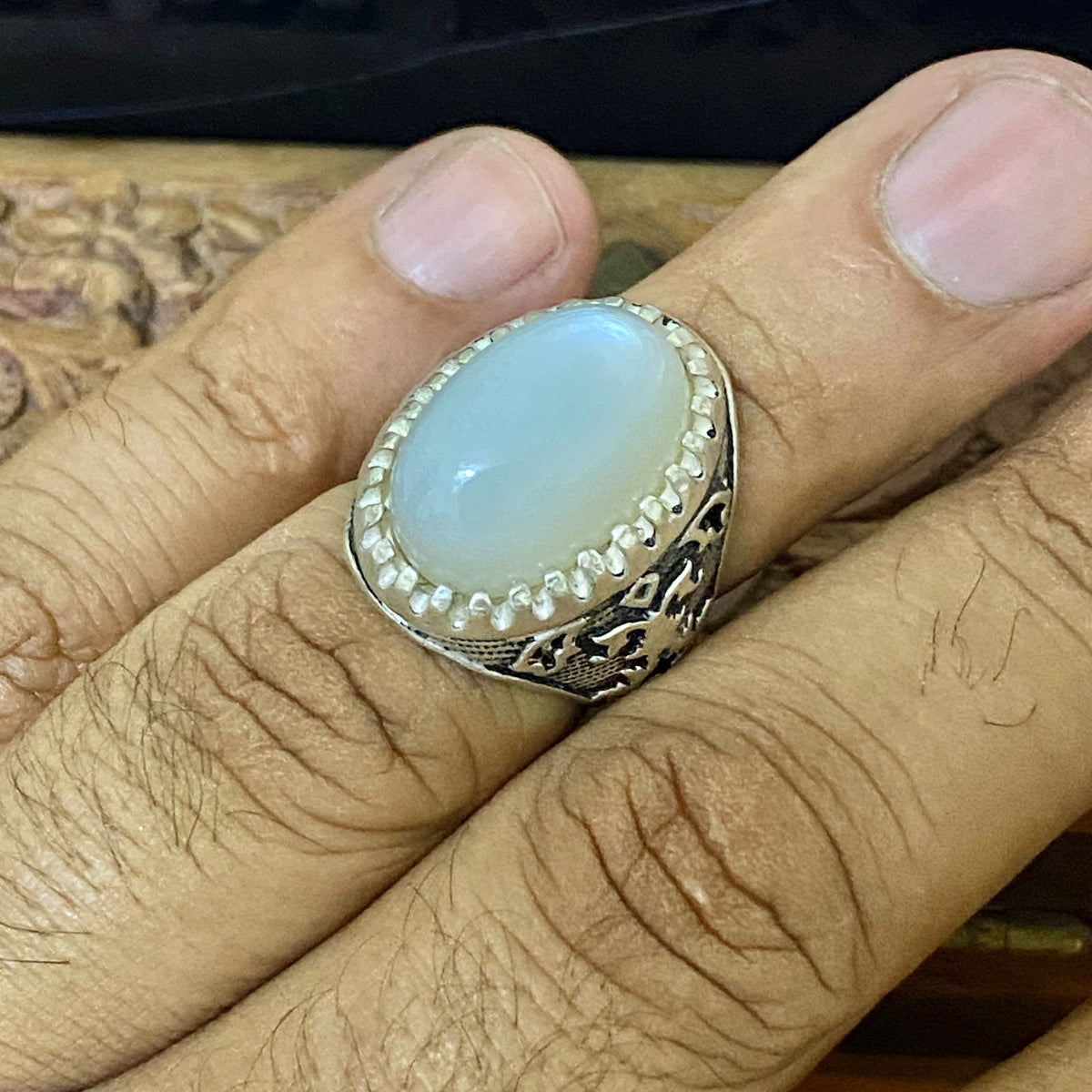 Rare Natural Yemeni Moonstone Gemstone Men's Ring, Solid 925 Sterling Silver, Vintage Style Fine Jewelry, Middle Eastern Artisan Craftsmanship