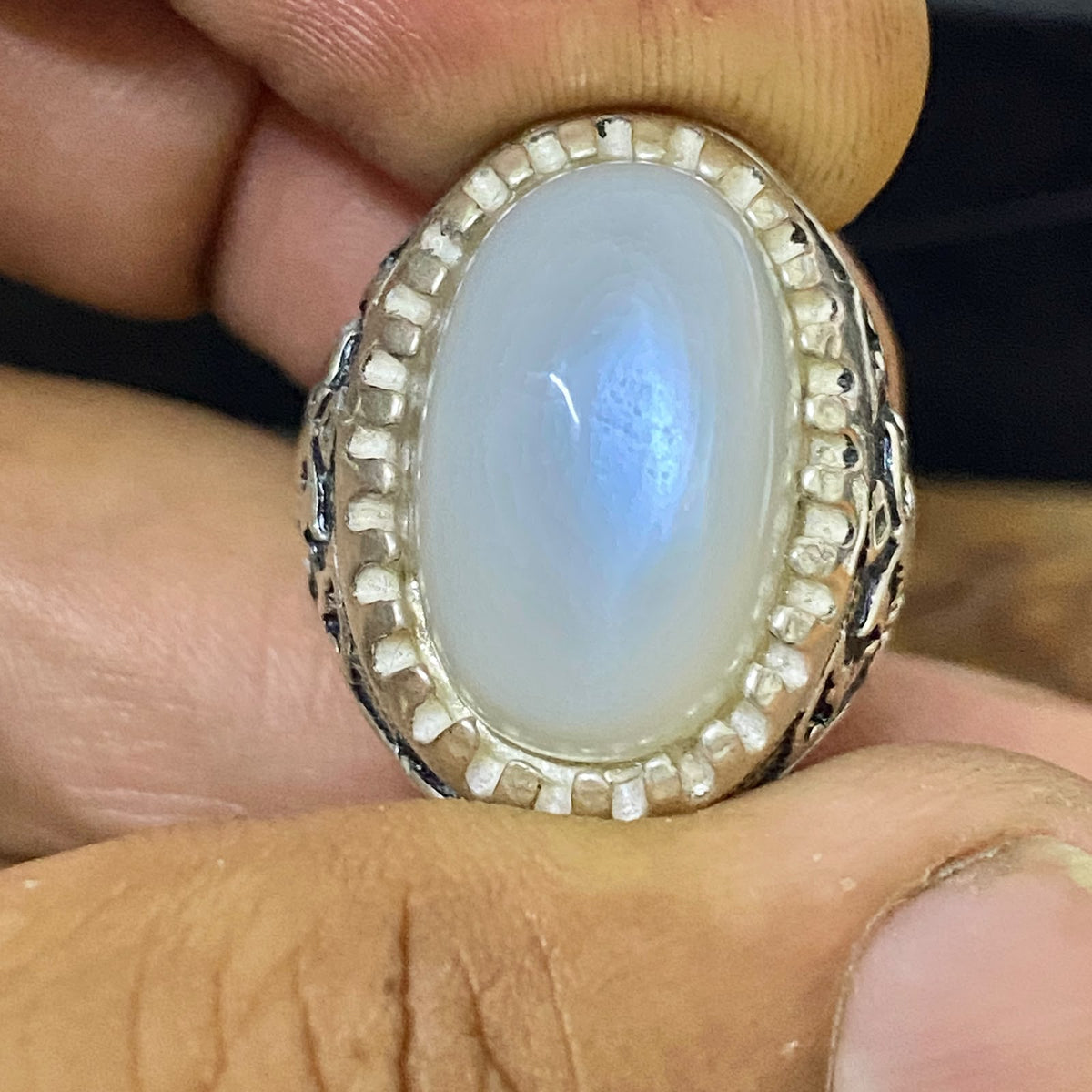 Rare Natural Yemeni Moonstone Gemstone Men's Ring, Solid 925 Sterling Silver, Vintage Style Fine Jewelry, Middle Eastern Artisan Craftsmanship