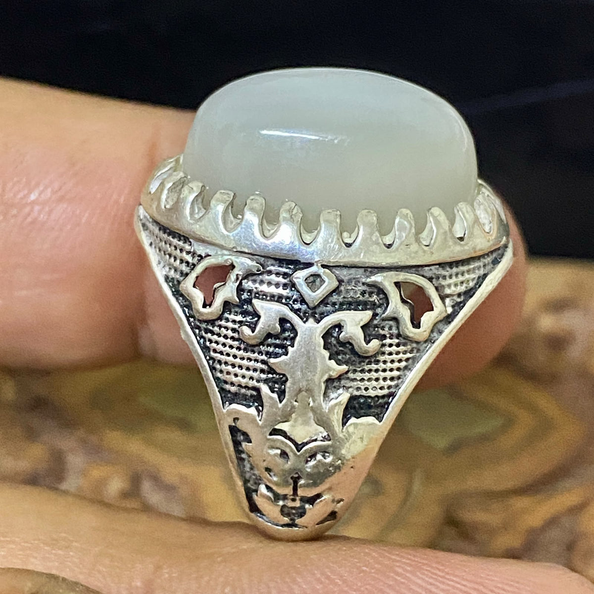 Rare Natural Yemeni Moonstone Gemstone Men's Ring, Solid 925 Sterling Silver, Vintage Style Fine Jewelry, Middle Eastern Artisan Craftsmanship