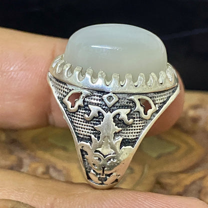 Rare Natural Yemeni Moonstone Gemstone Men's Ring, Solid 925 Sterling Silver, Vintage Style Fine Jewelry, Middle Eastern Artisan Craftsmanship