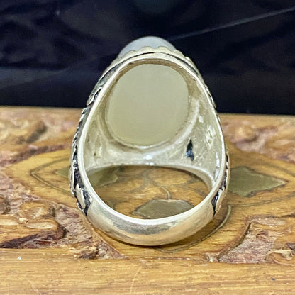 Rare Natural Yemeni Moonstone Gemstone Men's Ring, Solid 925 Sterling Silver, Vintage Style Fine Jewelry, Middle Eastern Artisan Craftsmanship
